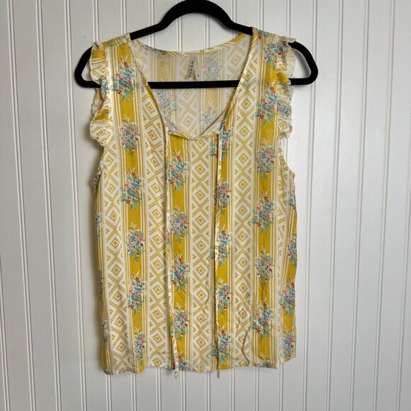 Roper Yellow Floral Sleeveless V-Neck Top B28 - Picture 2 of 6